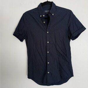 Zara Navy Button-Down Short Sleeve Shirt with White Micro Dots